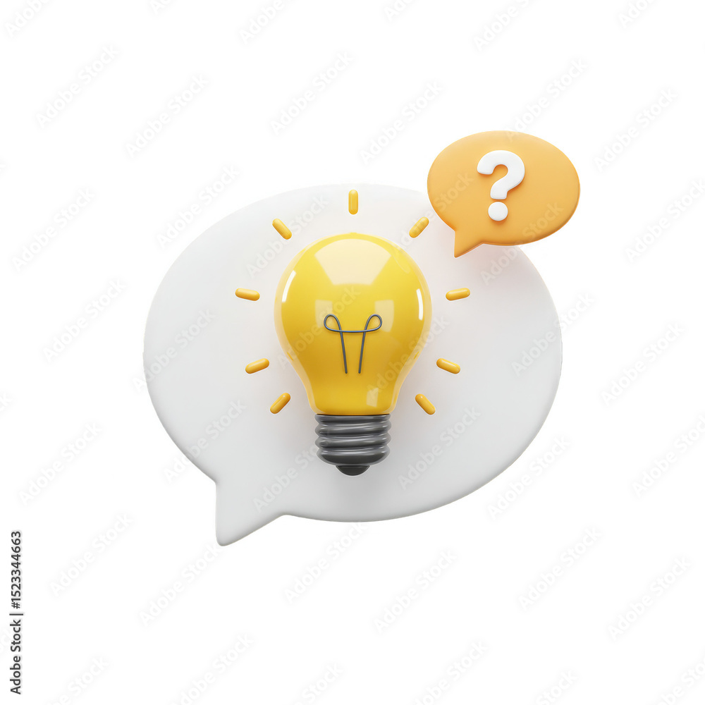 Poster 3d render lightbulb idea and question mark in speech bubble illustration