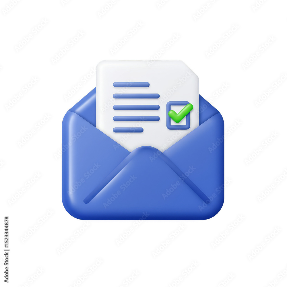 Poster 3d render of an envelope email with green check on transparent background