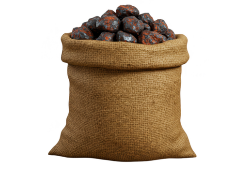 3D Rendering Jute Bag Full of Ores with Transparent Background