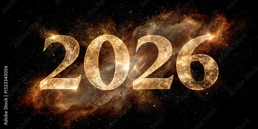Poster close-up of a gold dust number on a dark background with sparkling metallic texture.