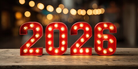 Close-up of a red illuminated "202" sign on a rustic wooden table with warm lighting.