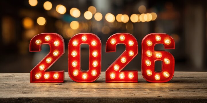 Close-up of a red illuminated "202" sign on a rustic wooden table with warm lighting.