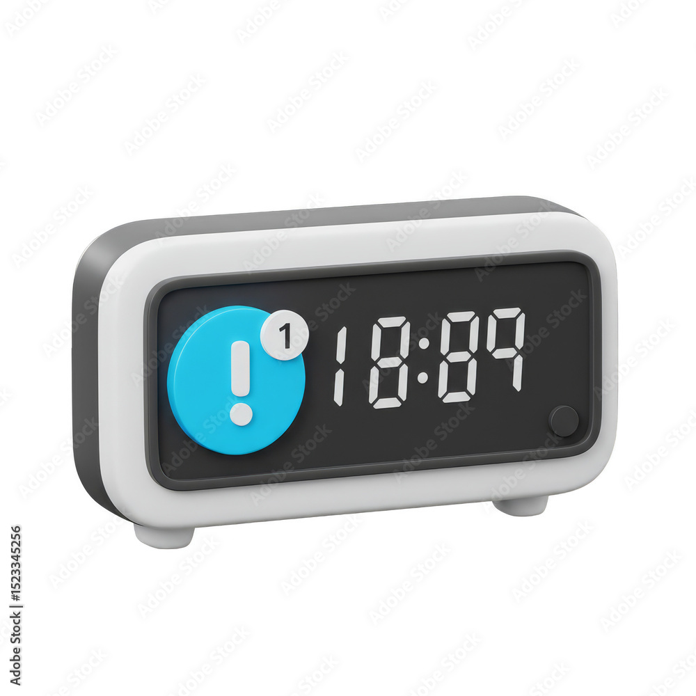 Poster 3d render of digital alarm clock with notification on transparent background