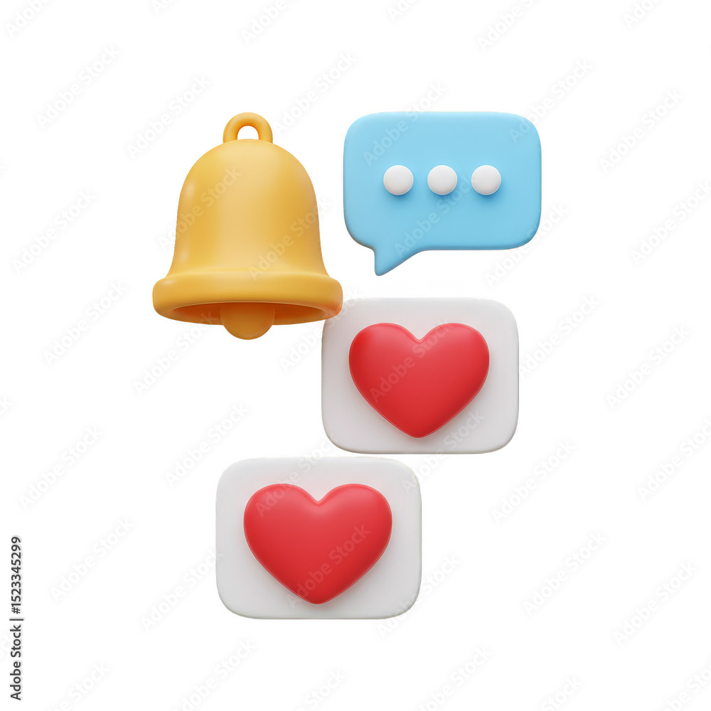Poster 3d render of notification message heart and bell on transparent background
