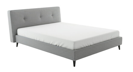 3D Render of Gray Upholstered Bed with White Sheets on Transparent Background