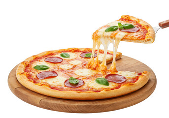 Delicious Pepperoni Pizza On Wooden Board Lifting Slice Isolated Background