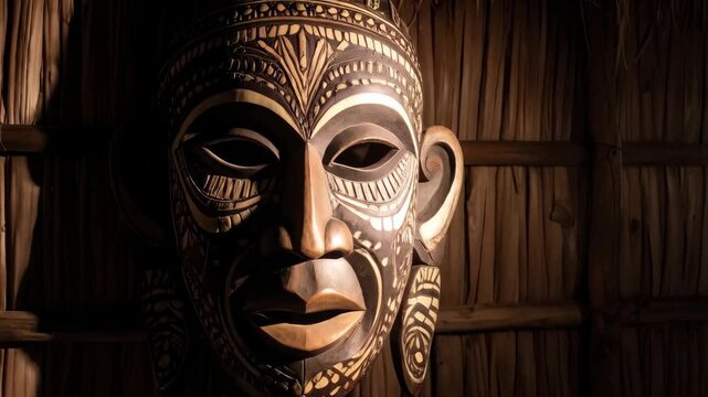 Ornate tribal mask with detailed carvings on a woven straw wall in a dimly lit rustic environment
