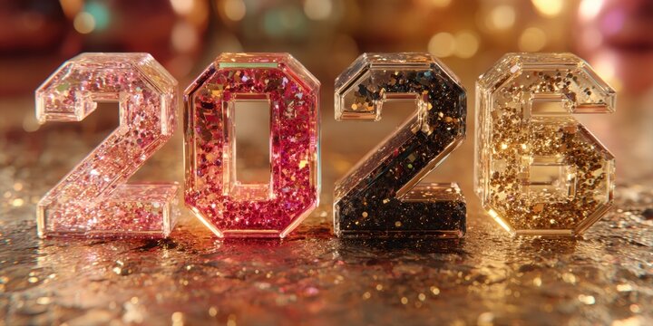 Close-up of glittered decorative numbers scattered on a wooden table surface in bright lighting.