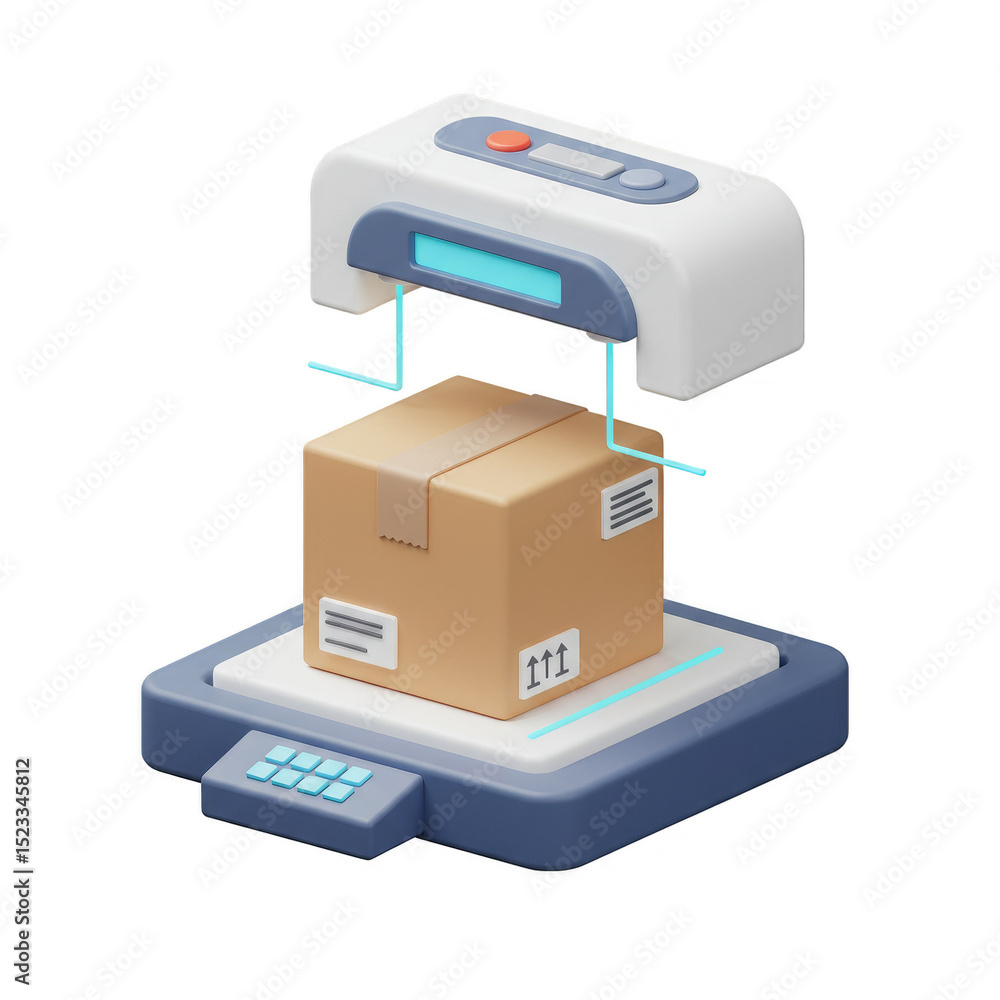 Poster 3d render package scanning cardboard box in isometric view transparent