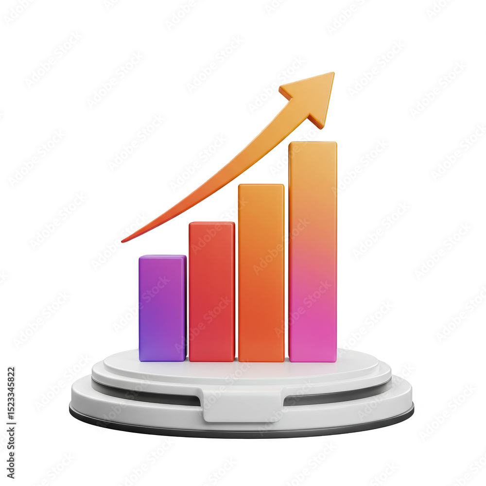 Poster 3d render of upward trending bar graph with arrow on transparent background