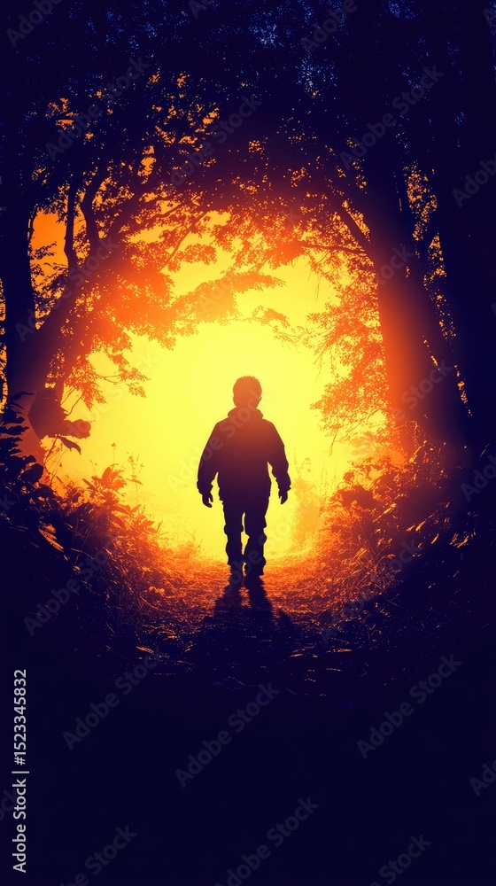 Poster a figure walks into a bright light at the end of a shadowed forest path