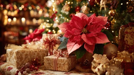 Multiple wrapped presents under a decorated Christmas tree with glowing string lights in a cozy indoor setting.