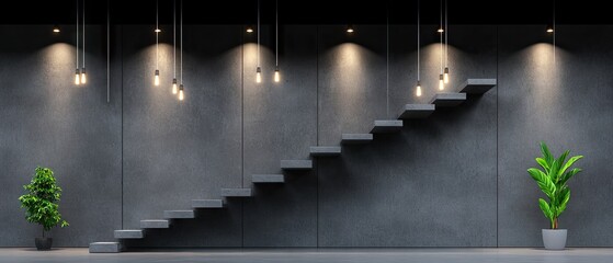 Gray wall with floating stairs, lights, and plants on each side
