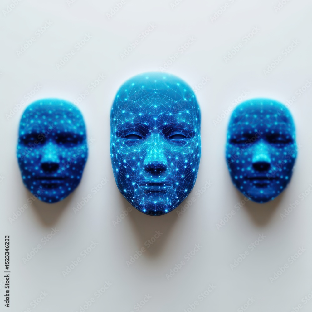 Poster futuristic blue humanoid masks interconnected with glowing network patterns demonstrating the inters