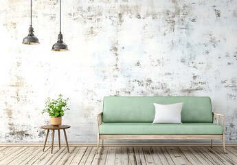 A muted sage green couch in a room with distressed white walls.