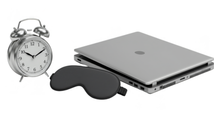 3D Rendered Laptop with Silver Clock and Sleep Mask on Transparent Background