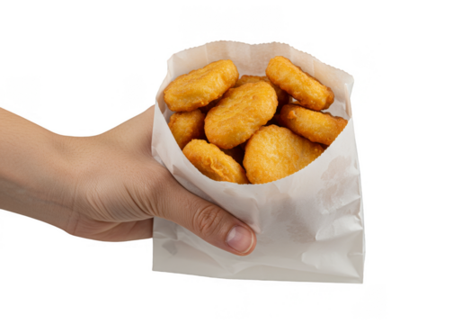 Fried Chicken Nuggets in Paper Bag Held in Hand Food Snack Transparent - Powered by Adobe
