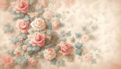 Retro floral background featuring delicate pink roses and green ivy on a textured cream wallpaper surface