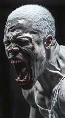 A man with a menacing expression and a ferocious scream.