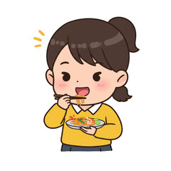 Illustration Woman Enjoying Delicious Noodles with Chopsticks Meal on Plate