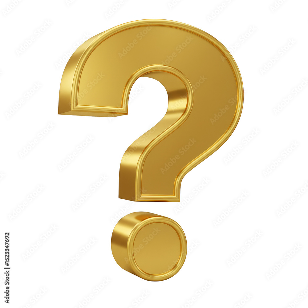 Poster isolated 3d render of golden question mark symbol sign on transparent