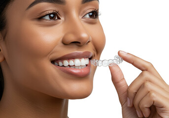 Close Up of Woman Putting Invisible Braces for Teeth Straightening
