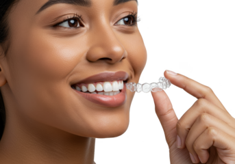Close Up of Woman Putting Invisible Braces for Teeth Straightening