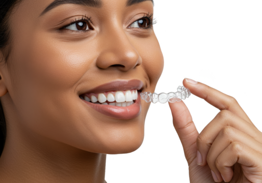 Close Up of Woman Putting Invisible Braces for Teeth Straightening