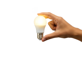 Hand Holding Glowing Led Light Bulb Idea on Transparent Background