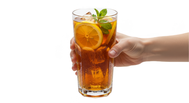 Hand Holding Iced Tea Beverage with Lemon Mint and Ice Transparent