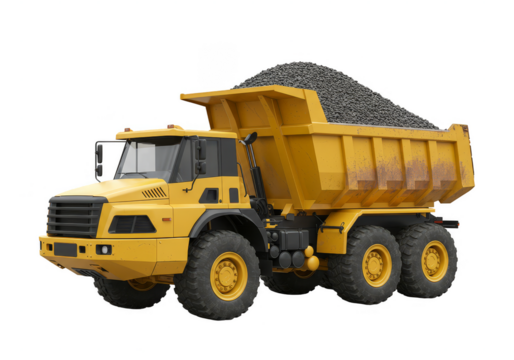 Isolated 3D Rendering of a Yellow Dump Truck with Gravel on Transparent Background
