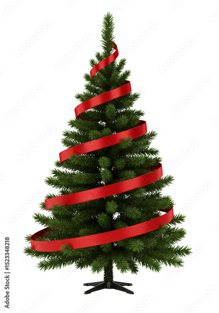 Poster isolated 3d rendering of christmas tree decorated with spiraling red ribbon