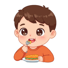 Cute Cartoon Illustration of a Boy Eating Sandwich with a Fork Lunch