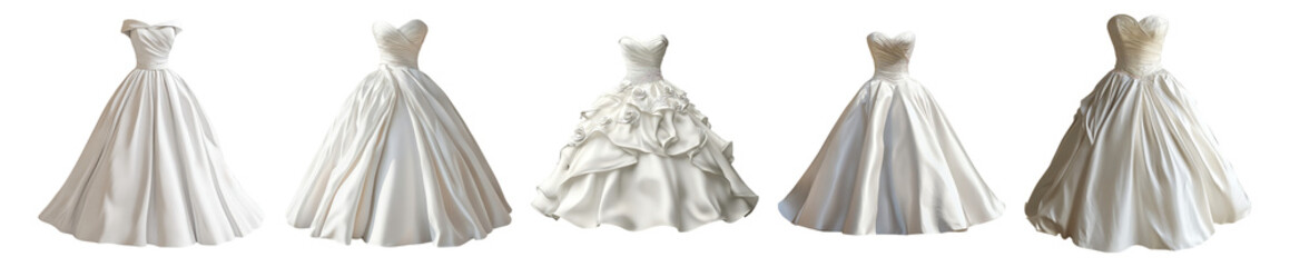 Elegant White Wedding Dresses in Various Styles and Designs, Isolated on Transparent, white background