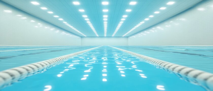 Indoor pool has clean, blue water, white lane dividers, and bright ceiling lighting