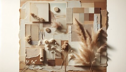 Vintage collage background with torn paper layers in soft brown and ivory tones creating cozy timeless texture