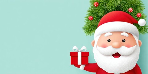 Fototapeta premium Santa Claus holding a wrapped gift in front of a decorated Christmas tree with lights, indoors, festive holiday scene.