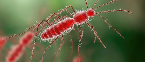 Fototapeta premium Close up view of a hairy, reddish insect with long antennae and legs on a blurred green background