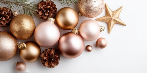 Colorful Christmas ornaments scattered on a white surface, bright festive decorations for holiday design.