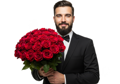 Elegant Man in Tuxedo Holding Red Rose Bouquet on Transparent Background