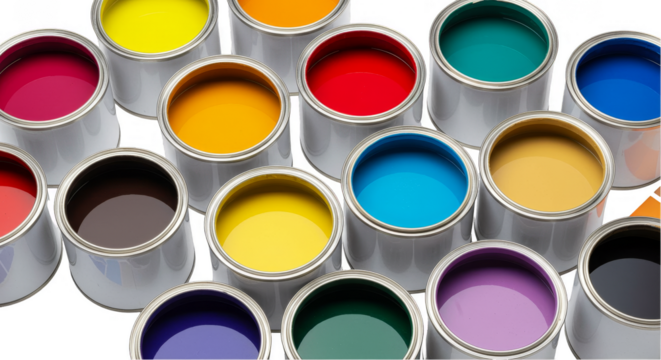 Isolated Background of Many Bright Paints Cans with Rainbow of Colors