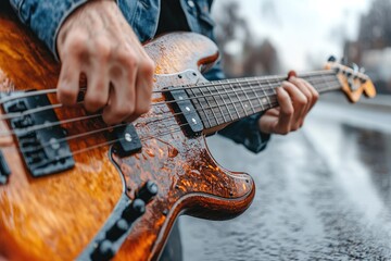 Bass guitar player outdoors in the rain
