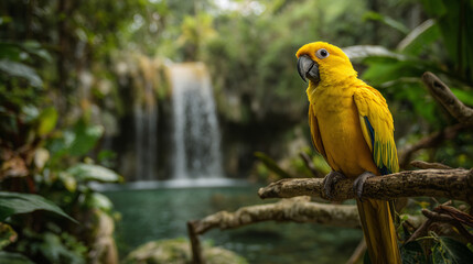 Obraz premium Parrot on branch, tropical leaves, forest waterfall