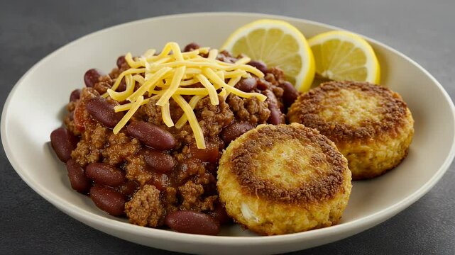 Chili and crab cakes meal on a plate