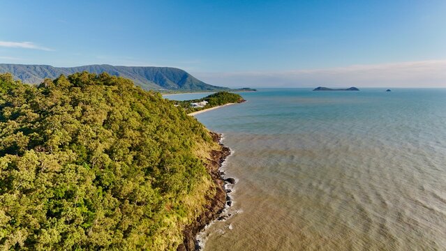 Half Moon Bay Beach and Taylor Point, Cairns, Queensland: Aerial Photo of Yorkeys Knob Boating Club, Marina, Coastal Landscape, Boats, Tropical Foreshore, and Scenic Ocean Views in North Queensland
