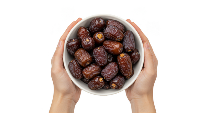 Isolated Background Two Hands Holding Brown Dates in a White Bowl