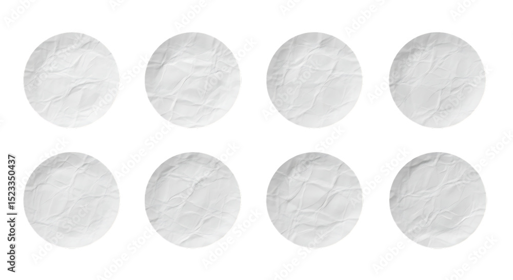 Aufkleber eight white paper circles with crumpled texture isolated on black background for design elements and