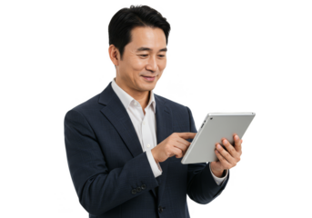 Asian Businessman Using Tablet With Transparent Background for Work