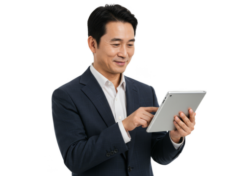 Asian Businessman Using Tablet With Transparent Background for Work