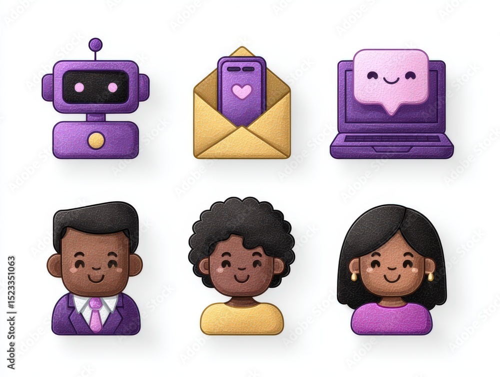 Poster colorful illustration of friendly characters including a robot and diverse individuals engaging with